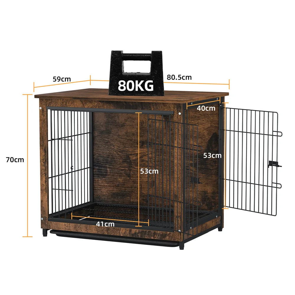Large Elevated Dog Crate Wooden Dog Kennel Cage Pet House End Table with Double Door and Removable Tray Rustic Furniture Indoor